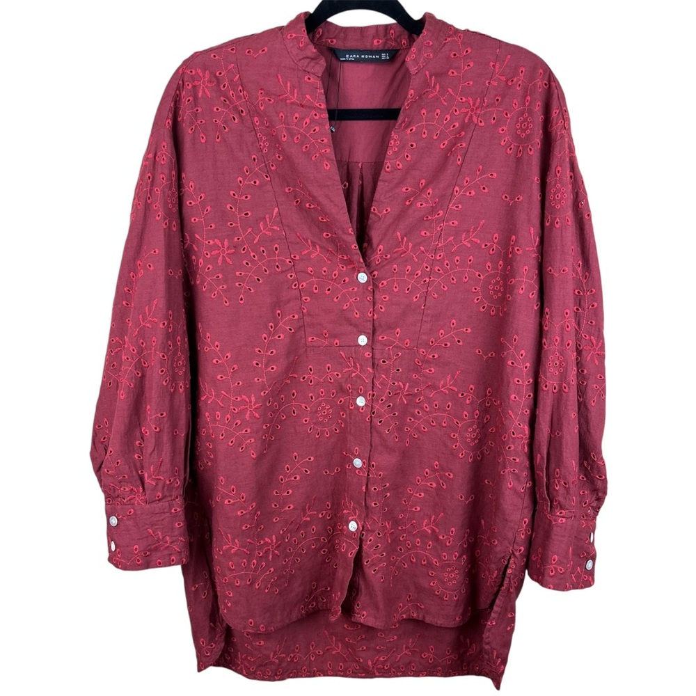 Zara Woman Rusty Red Eyelet Cotton Blouse, Button Down, Long Sleeve